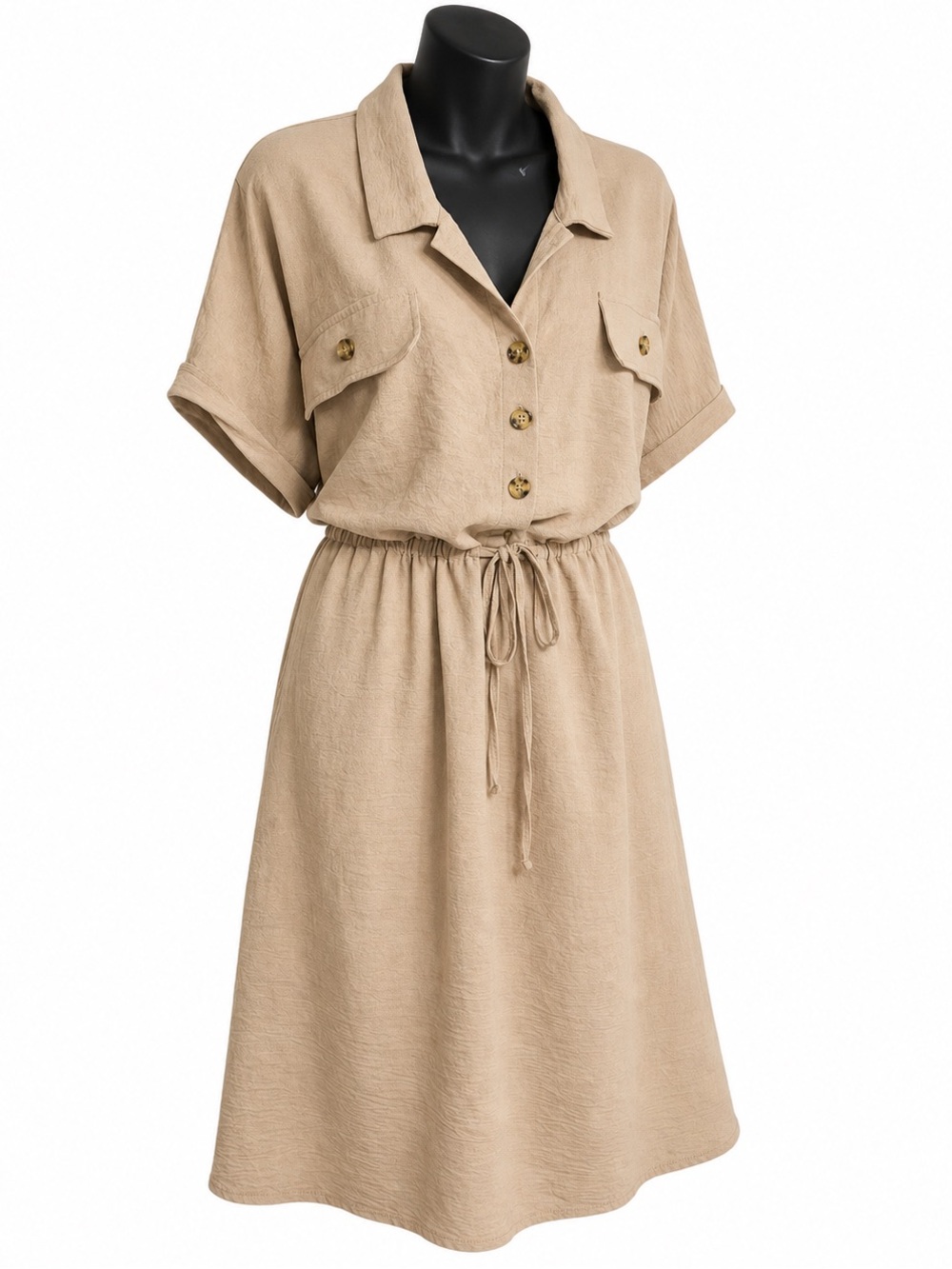 Beige Short-Sleeve Drawstring Shirt Dress